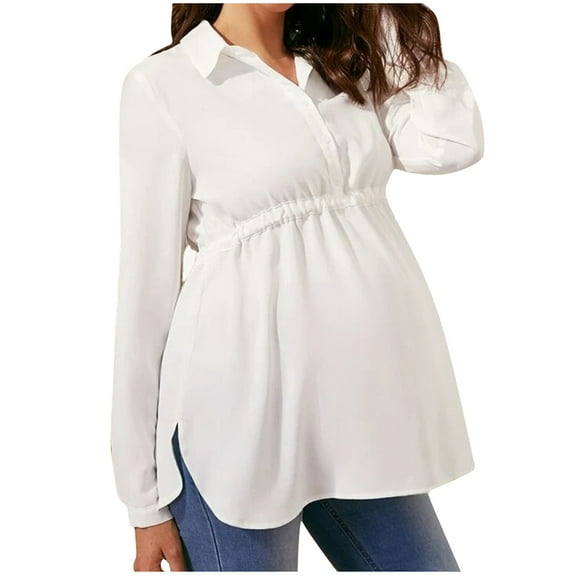 Annhoo Womens Pregnancy Tops Button High Waist Collared Maternity Shirts Flowy Comfy Long Sleeve Blouse Work Dressy Clothes
