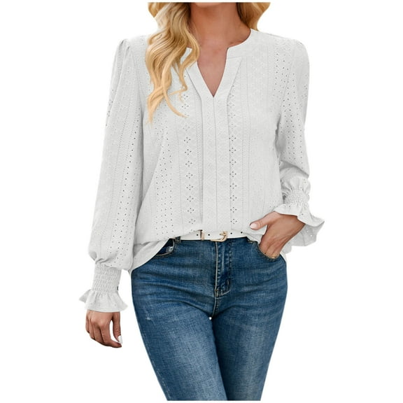 Annhoo Womens Puff Long Sleeve Tops Elegant V Neck Hollow out Dress Shirts Basic Business Casual Blouses