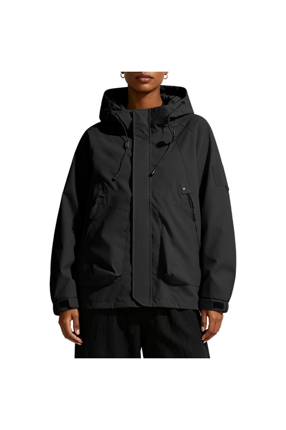 Womens Rain Jackets Adjustable Cuff Drawstring Hood Multi Cargo Pockets Quick-Dry Hiking Climbing Coat