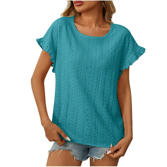 Annhoo Womens Ruffled Cap Sleeve Shirts Summer Casual Cute Round Neck Tops Trendy Eyelet Cutout Beach Tops