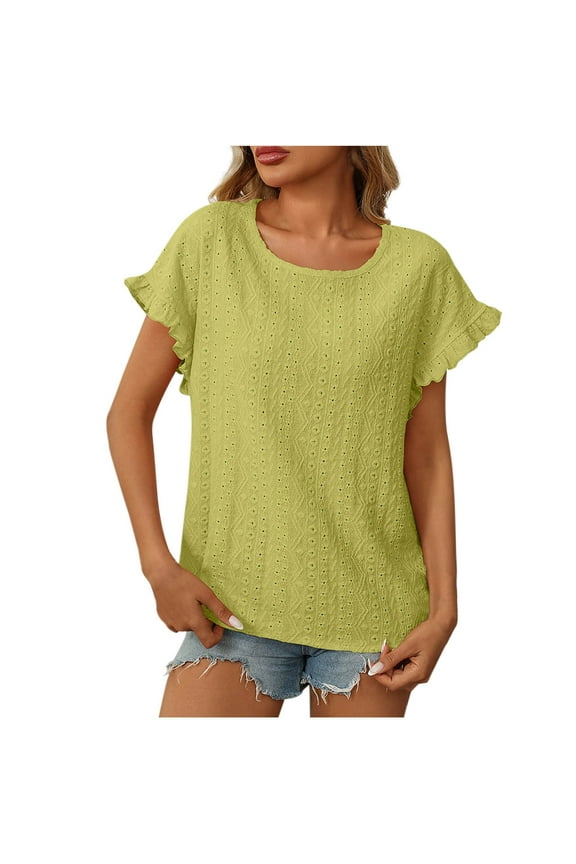 Womens Ruffled Cap Sleeve Shirts Summer Casual Cute Round Neck Tops Trendy Eyelet Cutout Beach Tops
