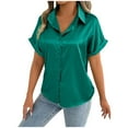 thumbnail image 1 of Annhoo Womens Satin Silk Shirts Button down V Neck Rolled Short Sleeve Tops Turndown Collar Comfy Casual Blouses, 1 of 6
