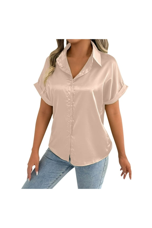 Womens Satin Silk Shirts Button down V Neck Rolled Short Sleeve Tops Turndown Collar Comfy Casual Blouses