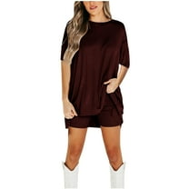 Annhoo Womens Sets 2 Piece Knitted Outfits Short Sleeve Casual Round Neck Tops with Shorts Plus Size Summer Clothes