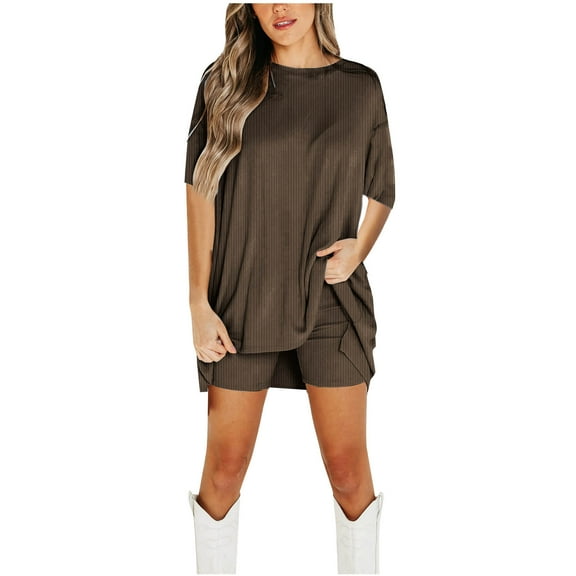 Annhoo Womens Sets 2 Piece Knitted Outfits Short Sleeve Casual Round Neck Tops with Shorts Plus Size Summer Clothes