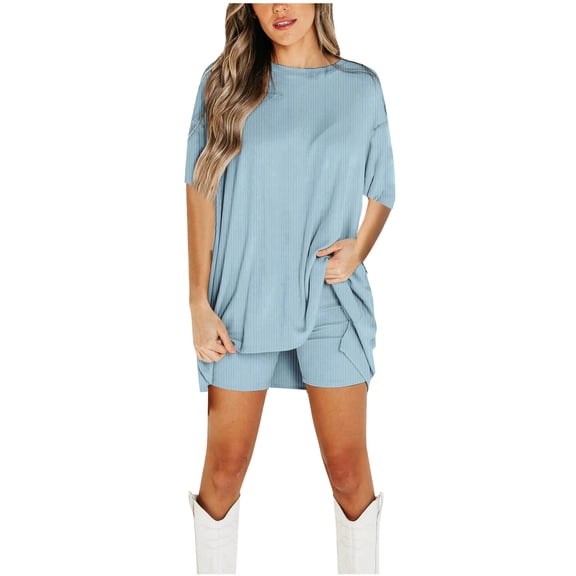 Annhoo Womens Sets 2 Piece Knitted Outfits Short Sleeve Casual Round Neck Tops with Shorts Plus Size Summer Clothes
