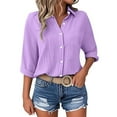 thumbnail image 1 of Annhoo Womens Shirt Solid Color Button Down Collared Pleated Lightweight 3/4 Sleeve Tops Going Out Clothes, 1 of 7