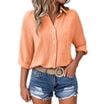 thumbnail image 1 of Annhoo Womens Shirt Solid Color Button Down Collared Pleated Lightweight 3/4 Sleeve Tops Going Out Clothes, 1 of 7