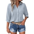 thumbnail image 1 of Annhoo Womens Shirt Solid Color Button Down Collared Pleated Lightweight 3/4 Sleeve Tops Going Out Clothes, 1 of 7