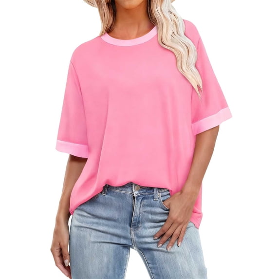 Annhoo Womens Shirts Oversized Loose Crewneck Block Color Short Sleeve Tops Fashion Spring Clothes