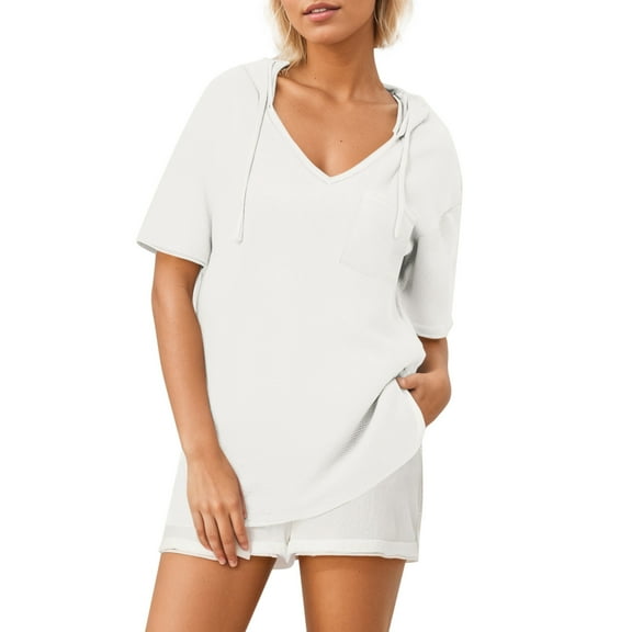 Annhoo Womens Shirts V Neck Summmer Casual Short Sleeve Blouse Basic Hooded Drawstring Clothes with Pocket