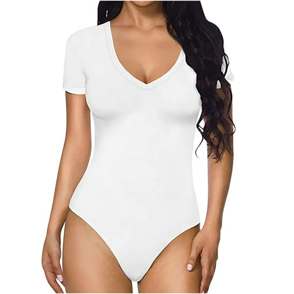 Annhoo Womens Short Sleeve Bodysuit Summer Slim Crew Neck Double Lined T-Shirt Tops Basic Solid Color Bodysuit