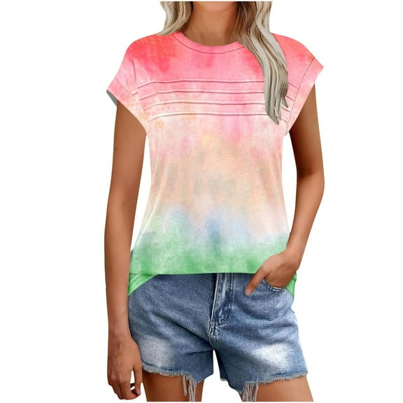 Annhoo Womens Short Sleeve Tops Printed Crew Neck Pleated Front Shirts Casual Trendy Summer Basic Blouses