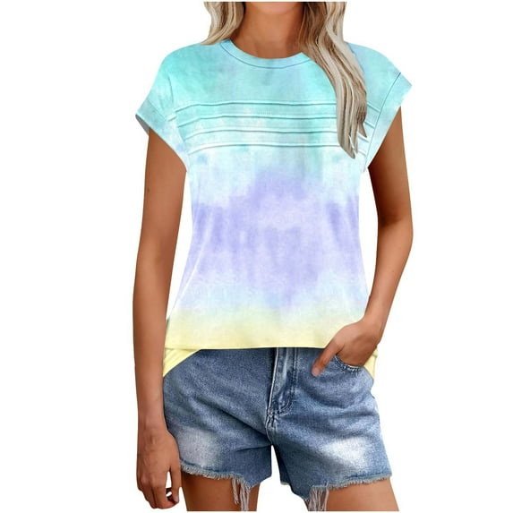Annhoo Womens Short Sleeve Tops Printed Crew Neck Pleated Front Shirts Casual Trendy Summer Basic Blouses