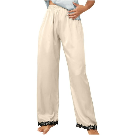 Annhoo Womens Silk Pajama Pants Fashion Lace Patchwork Straight Leg Sleepwear Comfy Elastic Waist Loungewear