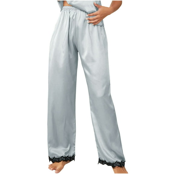 Annhoo Womens Silk Pajama Pants Fashion Lace Patchwork Straight Leg Sleepwear Comfy Elastic Waist Loungewear