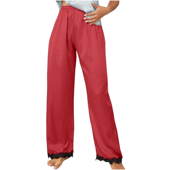 Annhoo Womens Silk Pajama Pants Fashion Lace Patchwork Straight Leg Sleepwear Comfy Elastic Waist Loungewear
