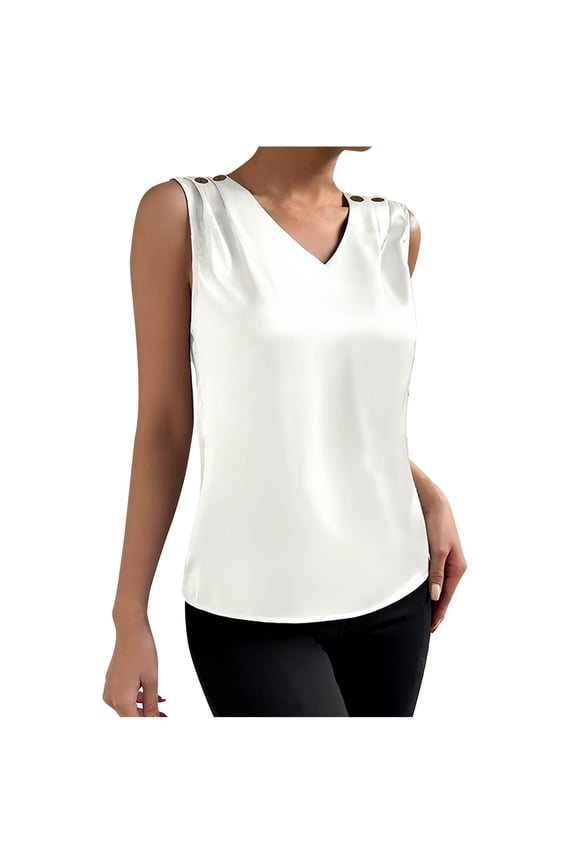 Womens Silk Satin Tank Tops Summer V Neck Button Sleeveless Shirts Loose Elegant Camisole Basic Blouses