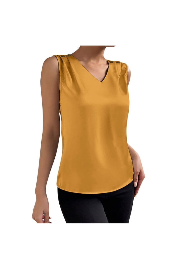 Womens Silk Satin Tank Tops Summer V Neck Button Sleeveless Shirts Loose Elegant Camisole Basic Blouses