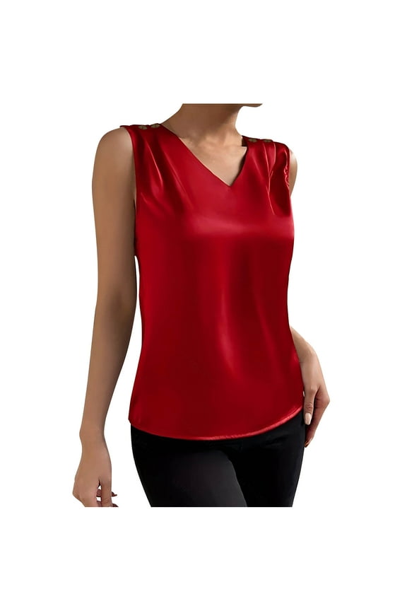 Womens Silk Satin Tank Tops Summer V Neck Button Sleeveless Shirts Loose Elegant Camisole Basic Blouses