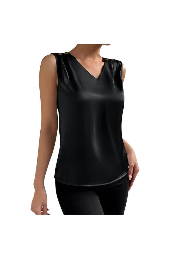 Womens Silk Satin Tank Tops Summer V Neck Button Sleeveless Shirts Loose Elegant Camisole Basic Blouses