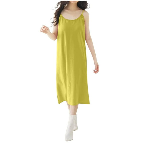 Annhoo Womens Sleep Dress with Bra Crewneck Solid Color Sleeveless Cotton Long Nightgown Comfortable Clothes