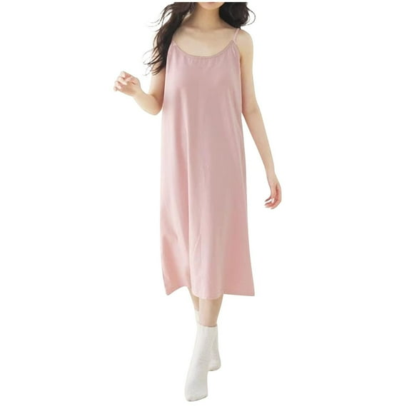 Annhoo Womens Sleep Dress with Bra Crewneck Solid Color Sleeveless Cotton Long Nightgown Comfortable Clothes