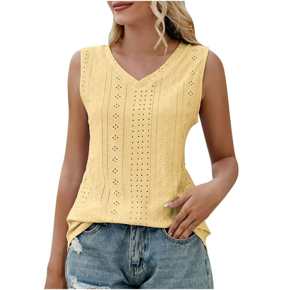Annhoo Womens Sleeveless Tanks Summer Fashion Eyelet V Neck Dressy Tank Tops Comfy Breathable Beach Shirts