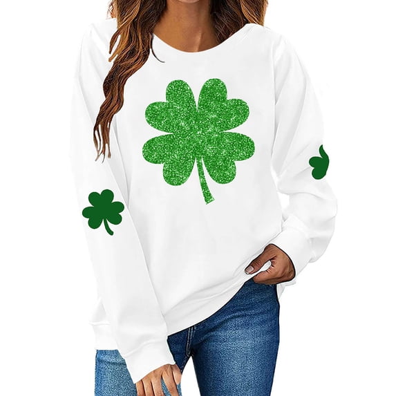 Annhoo Womens St Patrick's Day Sweatshirt Shamrock Print Crewneck Pullover Long Sleeve Tops Soft Clothes