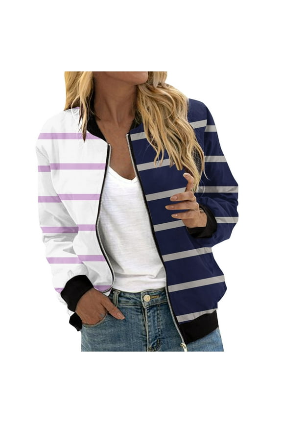 Womens Striped Bomber Jackets Zip up Long Sleeve Fall Coats Fashion Color Block Outwear with Pockets