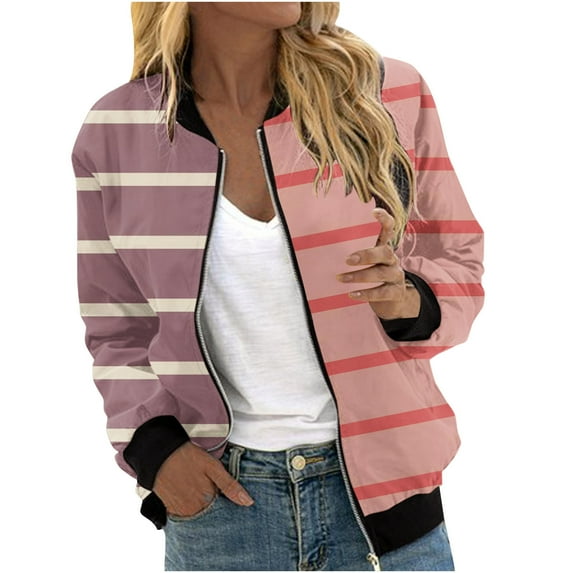 Annhoo Womens Striped Bomber Jackets Zip up Long Sleeve Fall Coats Fashion Color Block Outwear with Pockets