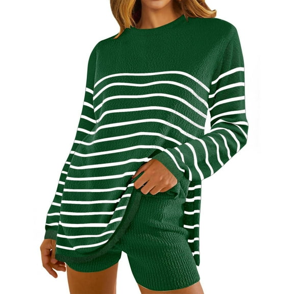 Annhoo Womens Striped Sweater Sets 2 Piece Lounge Outfits Long Sleeve Round Neck Shirts with Shorts Homewear