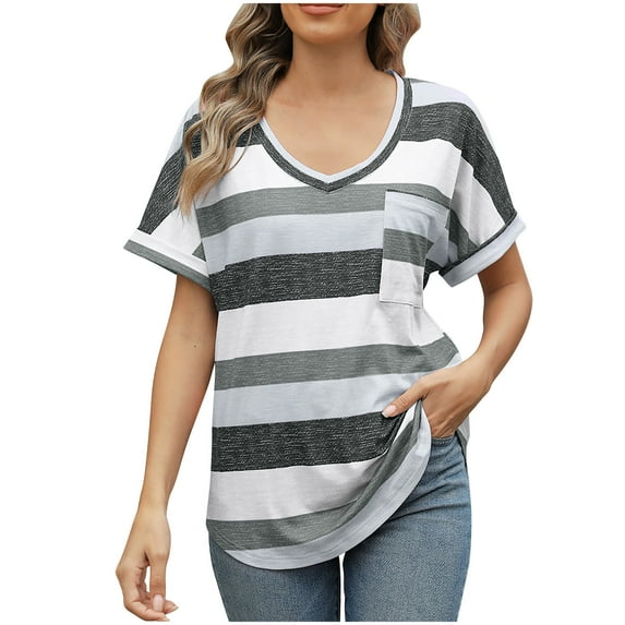 Annhoo Womens Summer Casual Tops V Neck Striped Rolled Short Sleeve Shirts Color Block Holiday Blouses with Pocket