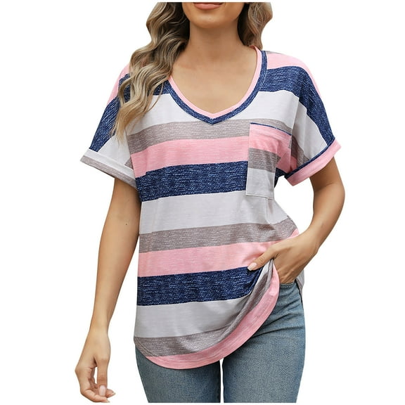 Annhoo Womens Summer Casual Tops V Neck Striped Rolled Short Sleeve Shirts Color Block Holiday Blouses with Pocket