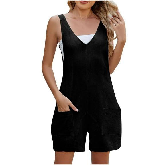 Annhoo Womens Summer Casual Rompers Sleeveless Adjustable Strap Loose Jumpsuits with Pockets Trendy Beach Overalls