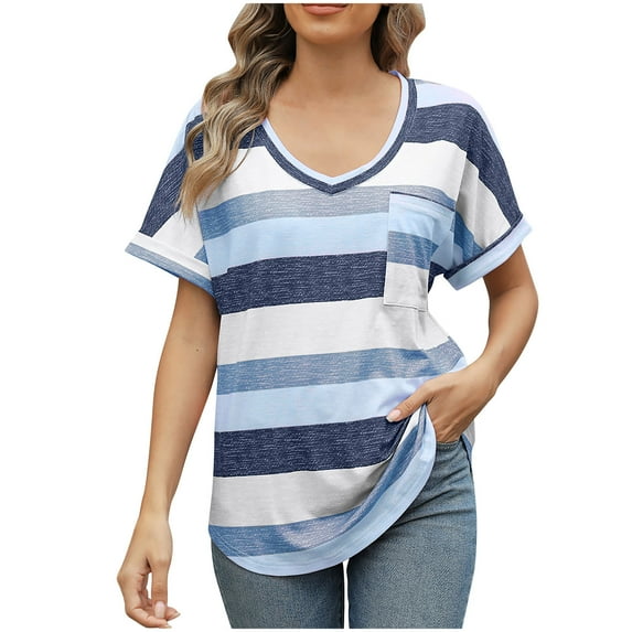 Annhoo Womens Summer Blouse V-Neck Casual Short Sleeve Tees Color Block Striped Tops Loose T-Shirts with Pocket