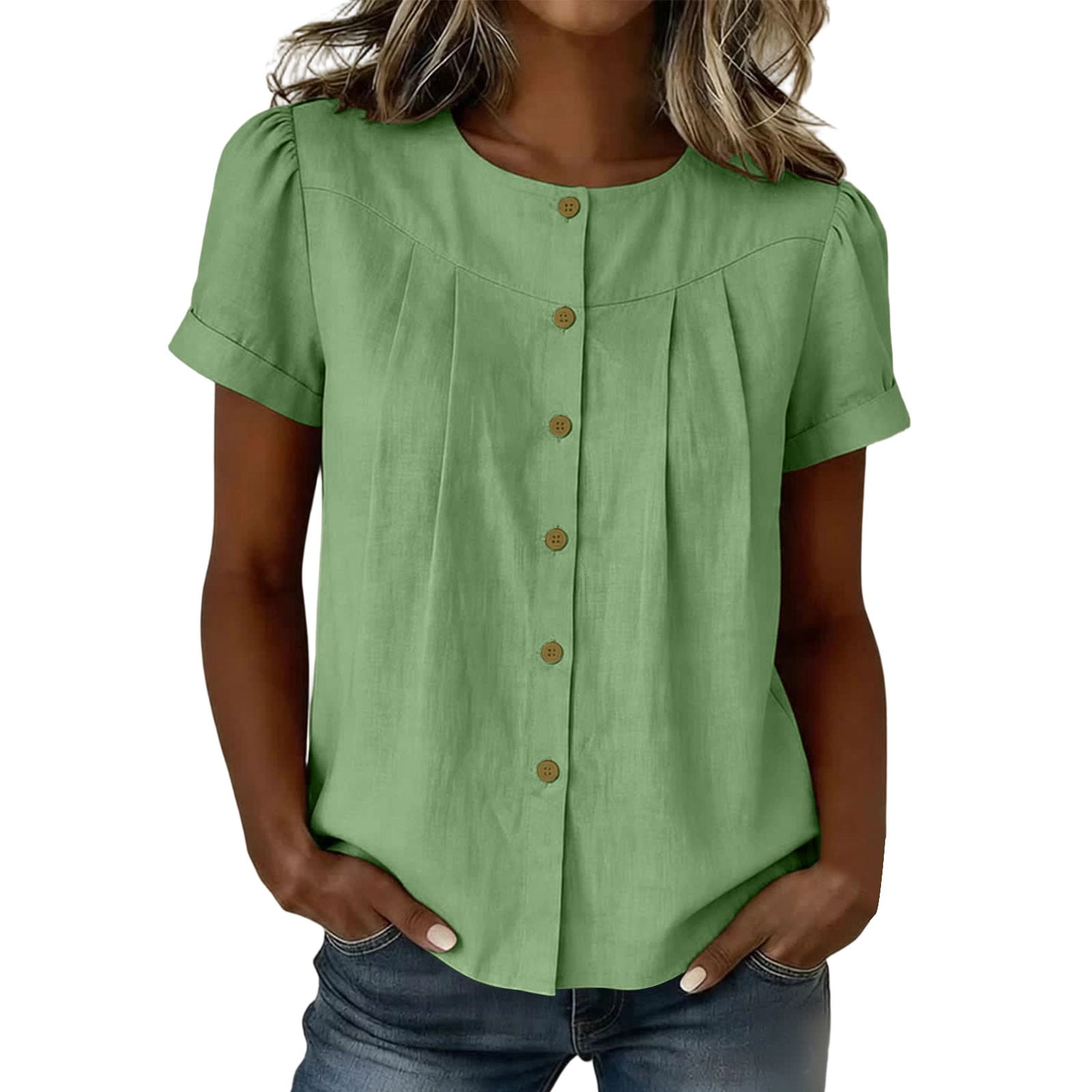 Annhoo Womens Summer Linen Tops Crew Neck Puff-Sleeve Button Down ...