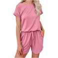 thumbnail image 1 of Annhoo Womens Summer Short Sleeve Rompers Solid Color Crewneck Drawstring Jumpsuit 1 Piece Outfits with Pockets, 1 of 5