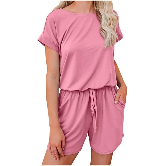 Annhoo Womens Summer Short Sleeve Rompers Solid Color Crewneck Drawstring Jumpsuit 1 Piece Outfits with Pockets