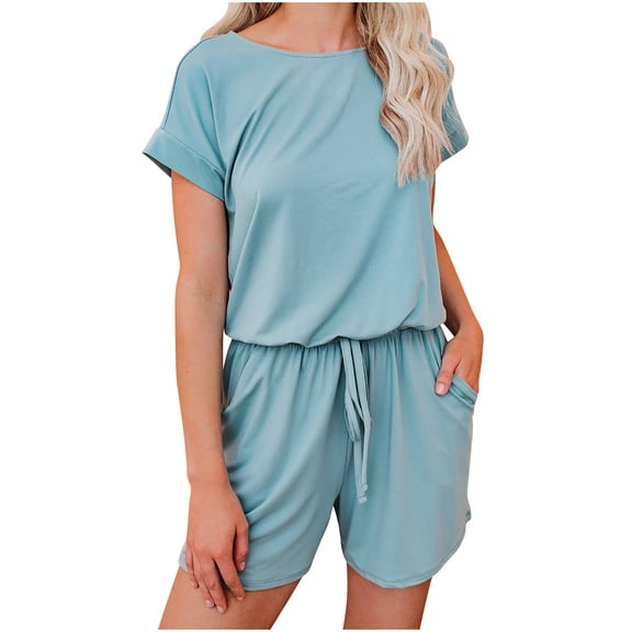 Annhoo Womens Summer Short Sleeve Rompers Solid Color Crewneck Drawstring Jumpsuit 1 Piece Outfits with Pockets