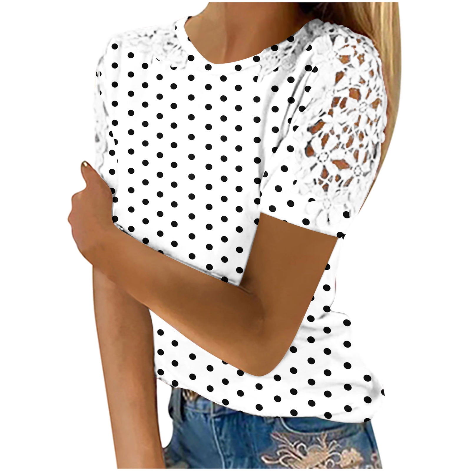 Annhoo Womens Summer Short Sleeve Shirts Crew Neck Lace Polka Dot Tops ...