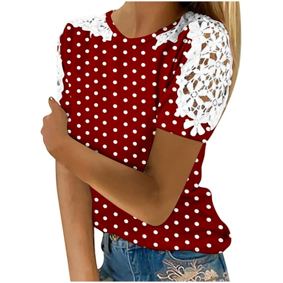 Annhoo Womens Summer Short Sleeve Shirts Crew Neck Lace Polka Dot Tops Trendy Casual Comfy Beach Vacation Blouses