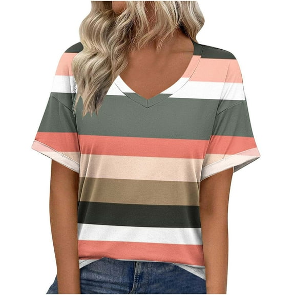 Annhoo Womens Summer Short Sleeve Shirts V Neck Beach Tops Ladies Trendy Stripe Color Block Blouse Tees