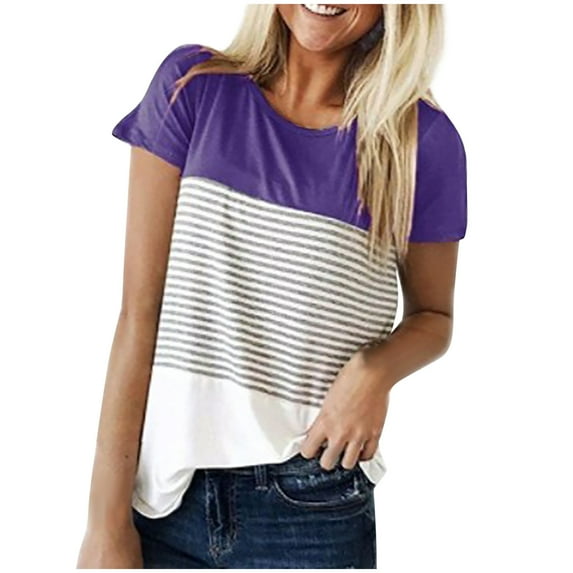 Annhoo Womens Summer Short Sleeve Tops Trendy Color Block Striped T Shirts Casual Round Neck Blouse Tees