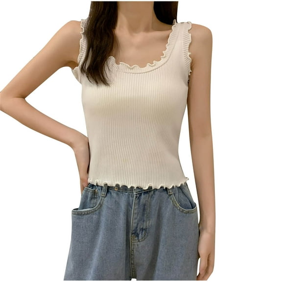 Annhoo Womens Summer Tank Tops Ruffle Crew Neck Sleeveless Shirts Slim Fitted Casual Soft Going out Tunics