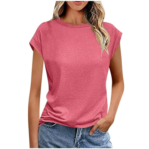 Annhoo Womens Summer Tops Crew Neck Cap Sleeve Tunics Trendy Casual Solid Color Going out Basic Blouses