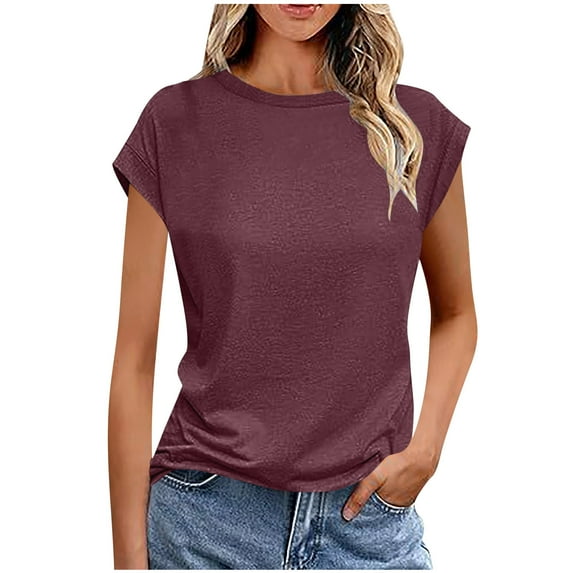 Annhoo Womens Summer Tops Crew Neck Cap Sleeve Tunics Trendy Casual Solid Color Going out Basic Blouses