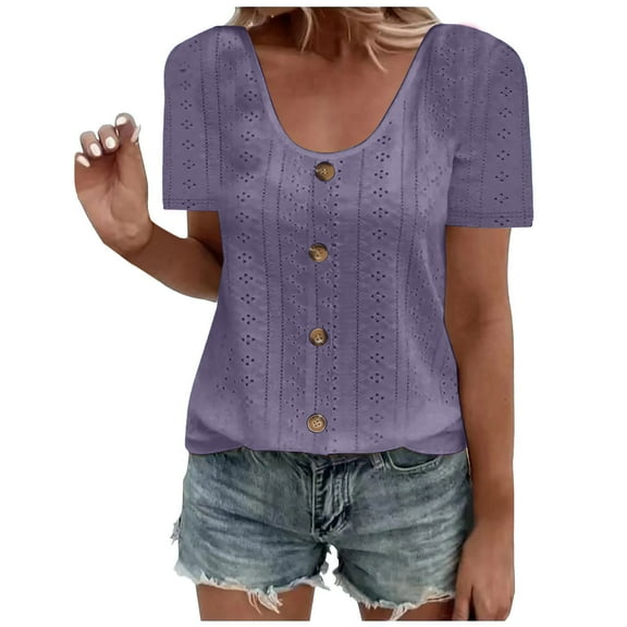 Annhoo Womens Summer Tops Fashion Eyelet Embroidery Short Sleeved Shirts Plus Size Button Scoop Neck Blouse Tees