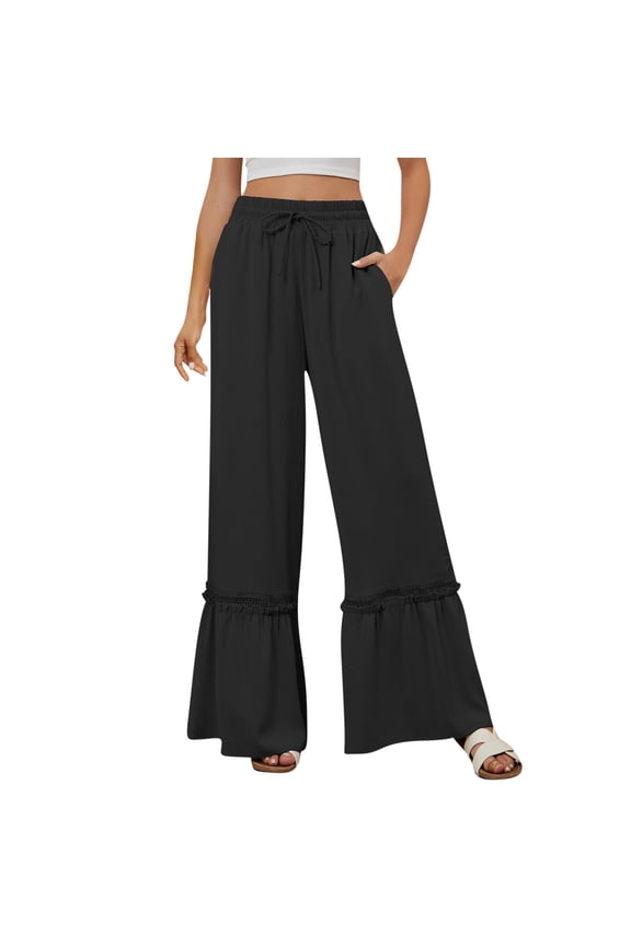 Womens Summer Wide Leg Pants Drawstring Elastic Waisted Ruffle Hem Beach Loose Casual Trousers with Pockets
