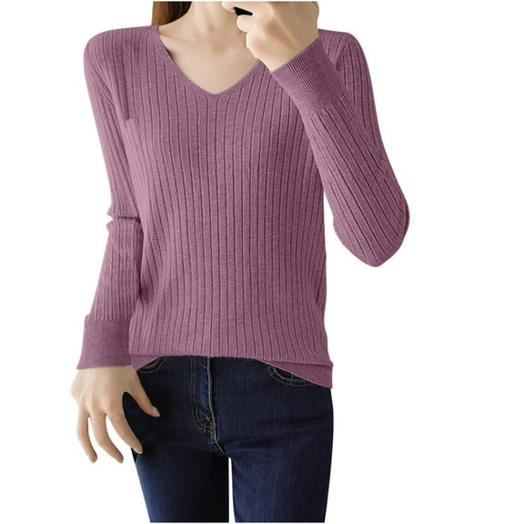 Annhoo Womens Sweaters Fall Winter Knit Long Sleeve V Neck Slim Bottoming Shirt Ladies Basic Pullover Tops